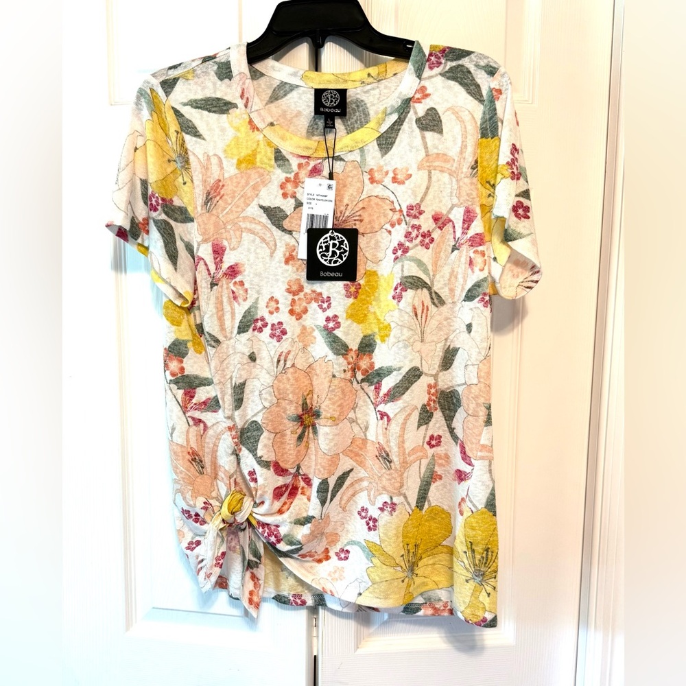 Bobeau Floral Short Sleeve Top - Yellow, Pink, Green, Size Large, NWT